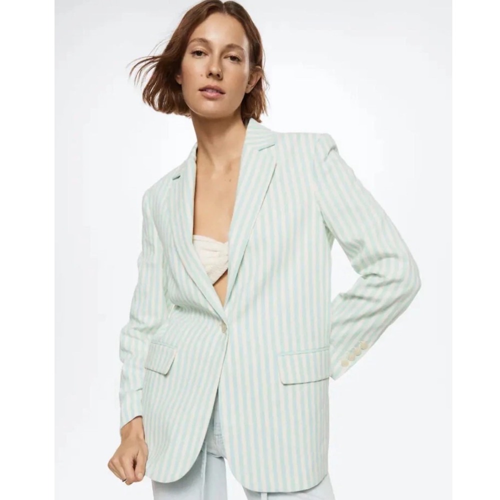 MNG Mango Womens Blue White Striped Linen Blend Single Button Blazer Jacket Sz L